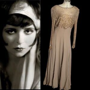 Jovani Evening Long Sleeve Beaded Illusion Beige Gatsby Deco Formal Keyhole Gown
